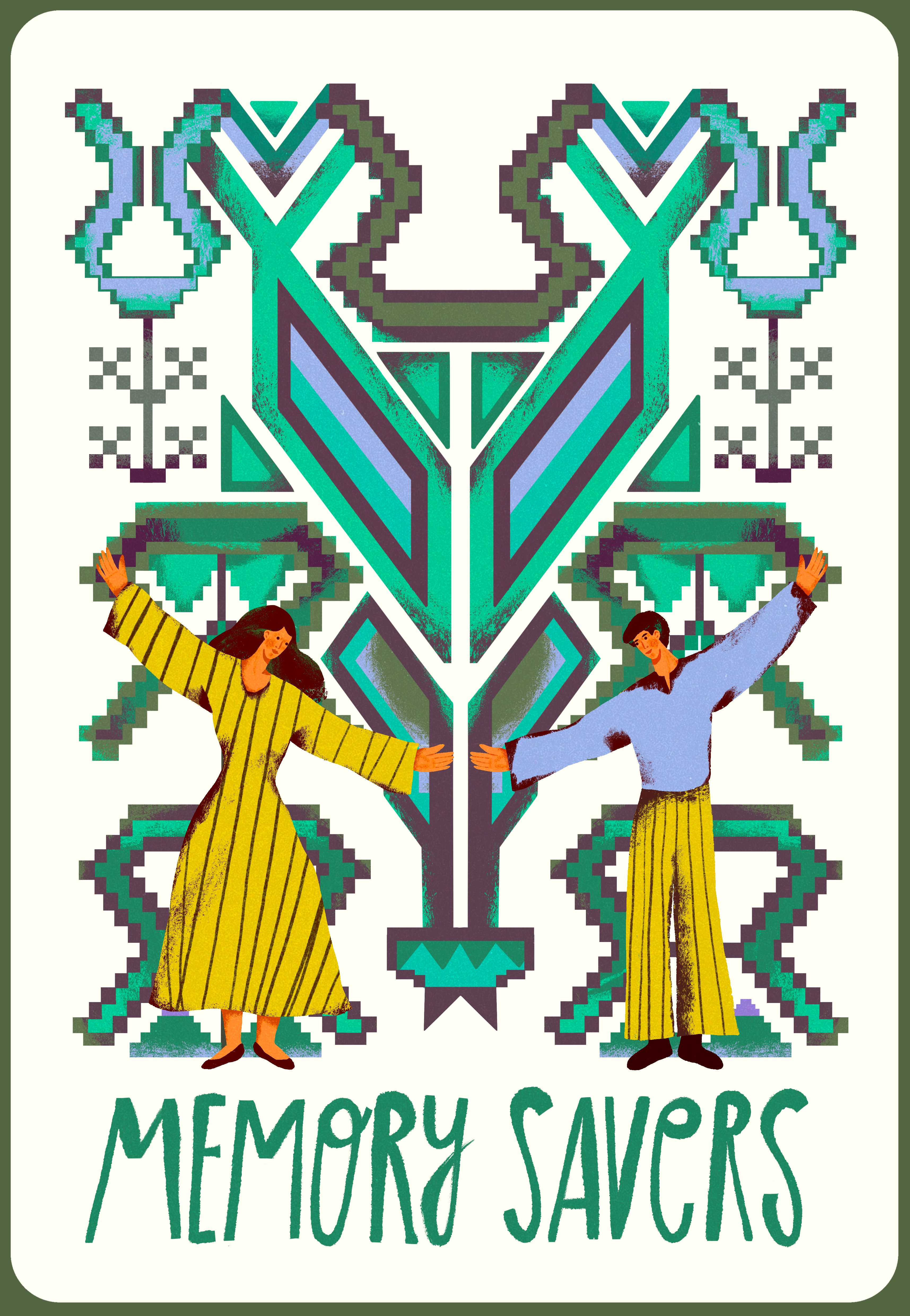 Memory Savers logo with two people standing in front of Ukrainian coat of arms